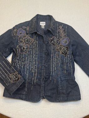 Chico's Navy Embroidered Beaded Denim Jacket